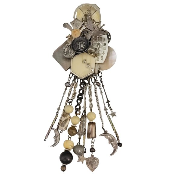 Lisa Carlson Artisan Steam Punk Multi Charm Chatelaine Brooch, Signed - Picture 1 of 6